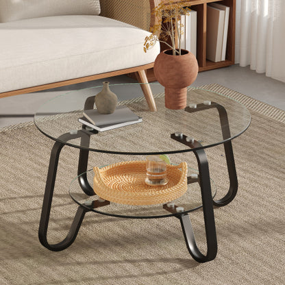 31.5 Inch Retro Double-Layer Tempered Glass Coffee Table, Metal Frame Compact Accent Table for Home Office