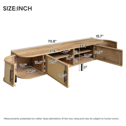 70.8 inch Natural Wood 4-Door PE Rattan TV Stand Iron Leg Media Console For 80 Inch TV