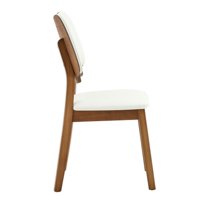 Set of 2 Walnut Wood Dining Chairs, White PU Upholstered Hollow Back Kitchen Chairs