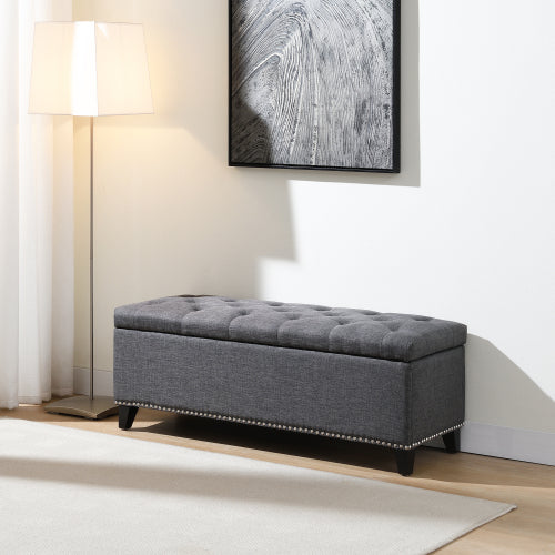 47.5inch  Storage Ottoman, Storage Bench with Safety Close Hinge, Linen Button-Tufted Ottoman for Living Room, Entryway, Hallway, Foot Rest, Support 500lbs - Dark Grey