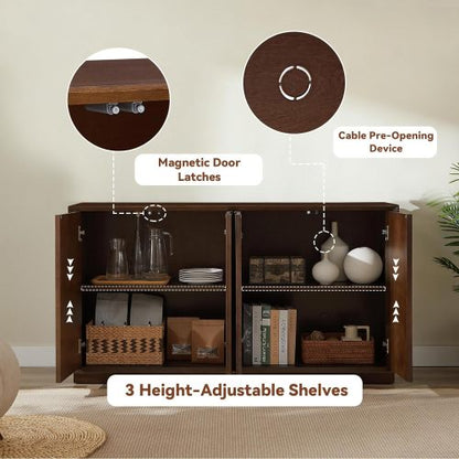 4 Door Accent Cabinet with Carved Wood Doors Adjustable Shelves and Cable Management