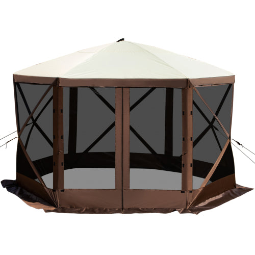 Camping Gazebo Tent, 10'x10', 6 Sided Pop-up Canopy Screen Tent for 8 Person Camping, Waterproof Screen Shelter w/Portable Storage Bag, Ground Stakes, Mesh Windows, Brown & Beige