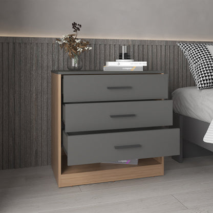 27" High Three Drawer Dresser And Open Shelf, Bedroom, Entryway, Side Board, Matte Gray - Natural Oak