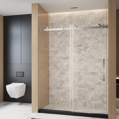 Frameless Single sliding shower door 56-60 "W x 76" H, 1/4 "(6 mm) Clear Tempered Glass, Explosion Proof Film, Stainless Steel Handle Square Tube Track Brushed Nickel