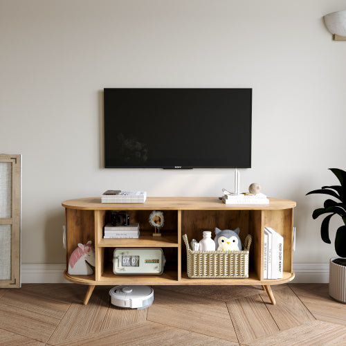 Natural Oak 50 Inch Fluted TV Stand with Power Outlets, Sliding Door Media Console for TVs Up to 55 Inch TV