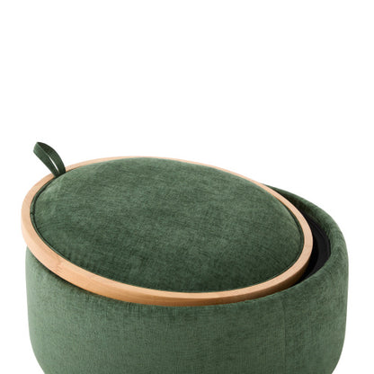 29 Inch Green Chenille Round Storage Ottoman, Reversible Tray Lid Ottoman with Rubberwood Base, No Assembly Needed