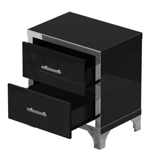 High Gloss Mirrored Nightstand with 2 Drawers,Modern End Table with Drawers,Mirrored High Gloss Wood Nightstand Metal Handle Bedside End Table for Bedroom, Dorm,Living Room,Black