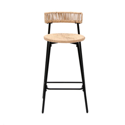 Hand Woven Bar Stools with Back Set of 2 Paper Rope Round Barstools with Footrest for Kitchen Island & Dining Rooms (Black & Honey)