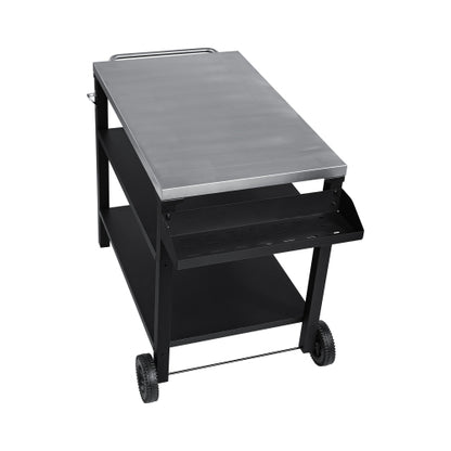 3-Tier Outdoor Grill Cart with Stainless Steel Top & Side Shelf, Movable BBQ Prep Table with Wheels, Rolling Serving Bar Cart for Patio, Backyard, Pizza Oven Stand, Black
