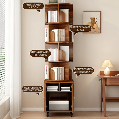 Walnut 5-Tier Rotating Bookshelf with Closed Drawer, Retro Solid Wood Narrow Corner Home Book Organizer