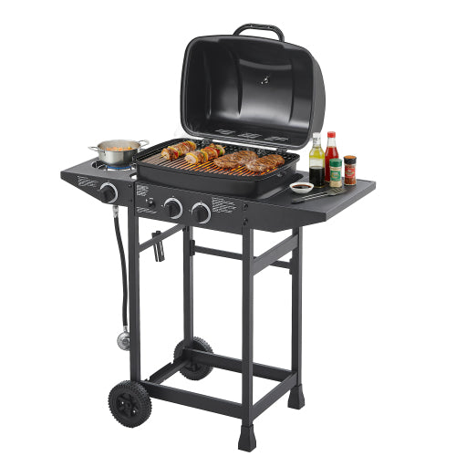2 Burner BBQ Propane Gas Grill with Side Burner 24000 BTU Output Stainless Steel Barbecue Grill with Enameled Grates and Side Tables for Outdoor Cooking Kitchen and Patio Backyard