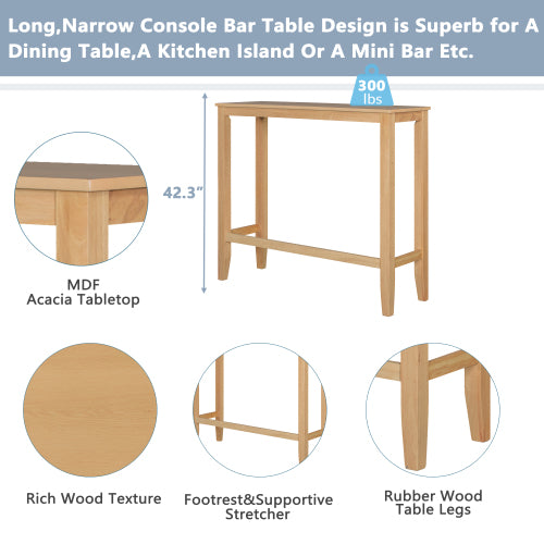 Farmhouse 48inch Rectangular Wood Bar Height Dining Set Kitchen Breakfast Nook with 2 Chairs for Small Places,Natural+Beige