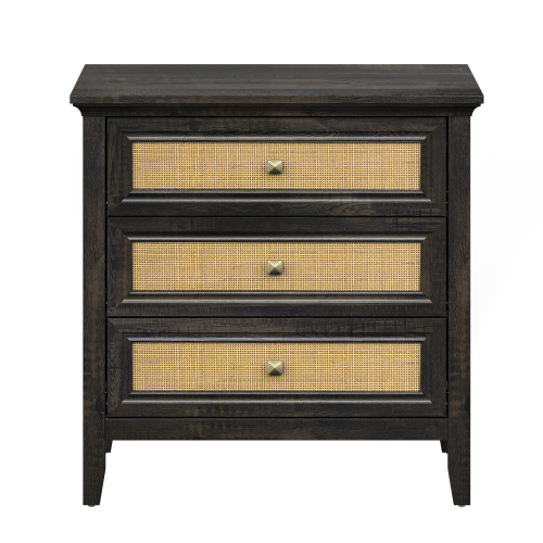 Dark Rustic Oak 3-Drawer Rattan Farmhouse Dresser Nightstand