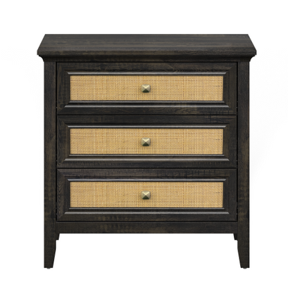 Dark Rustic Oak 3-Drawer Rattan Farmhouse Dresser Nightstand