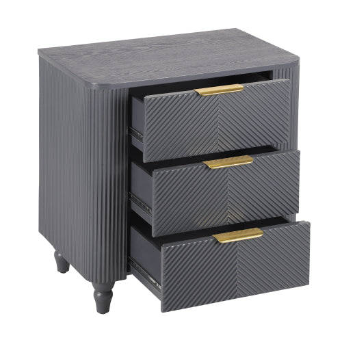 Mid-Century Fluted 3 Drawers Nightstand, Bedside Table with Curved Profile Design and Wide Gold Glossy Handles, End Table for Living Room, Bedroom, Easy Assembly, Dark Gray