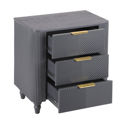 Mid-Century Fluted 3 Drawers Nightstand, Bedside Table with Curved Profile Design and Wide Gold Glossy Handles, End Table for Living Room, Bedroom, Easy Assembly, Dark Gray