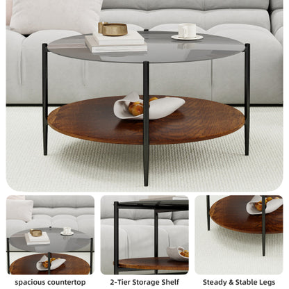 Mid Century Round Coffee Table Glass Top Wood Shelf Metal Frame Living Room Table