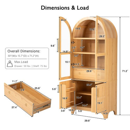 71 Inch Tall Arched Farmhouse Glass Door Kitchen Pantry Storage Cabinet