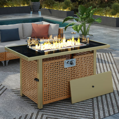K&K 43" Propane Gas Fire Pit Table, 60000 BTU Rectangular Open Weave Wicker Fire Pit with Glass Wind Guard for Outside Patio Deck Garden Backyard - Orange & Mustard Yellow