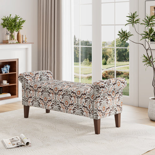 Traditional Rolled Arm Storage Bench Otttoman with Pewter Nailhead Trim in Amber Damask Pattern with Dark Brown Solid Wood Legs