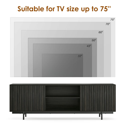 63 Inch Mid Century Fluted Retro Pop-Up Door TV Stand for 75 Inch TV with Removable Storage Shelves