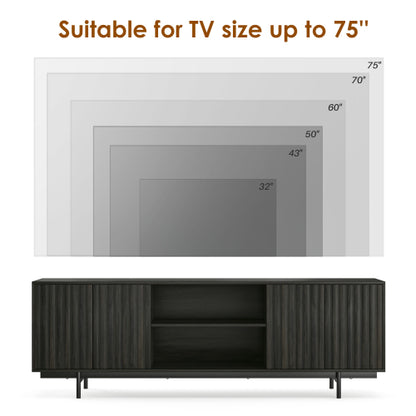 63 Inch Mid Century Fluted Retro Pop-Up Door TV Stand for 75 Inch TV with Removable Storage Shelves