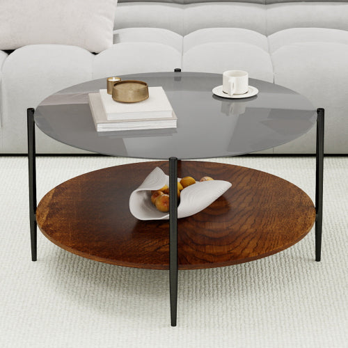 Mid Century Round Coffee Table Glass Top Wood Shelf Metal Frame Living Room Table