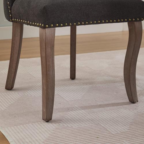 Set of 2 Black Hollow Back Fabric Dining Chairs, Curved Solid Wood Legs With Handmade Copper Nails