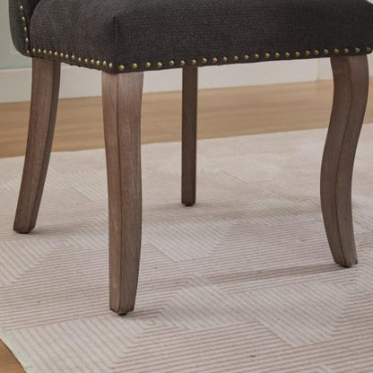 Set of 2 Black Hollow Back Fabric Dining Chairs, Curved Solid Wood Legs With Handmade Copper Nails