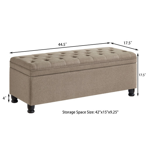 Upholstered tufted button storage bench ,Linen fabric entry bench with spindle wooden legs, Bed bench- Linen