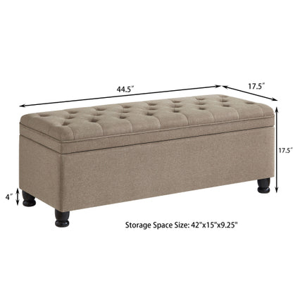 Upholstered tufted button storage bench ,Linen fabric entry bench with spindle wooden legs, Bed bench- Linen