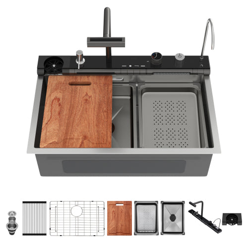 30" Kitchen Sink Waterfall Sink - 30 x 19 x 9 inch Multifunction Single Bowl 16 Gauge Stainless Steel Ledge Workstation Smart Digital Features Top Mount Kitchen Sinks