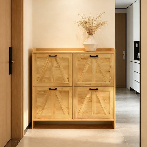 Light Oak Rustic Barn-Door Shoe Cabinet with 4 Flip Drawers, Sleek Space-Saving Entryway Organizer for Living Room