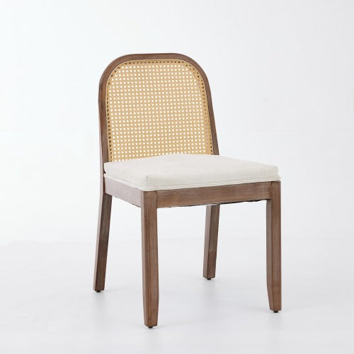 Set of 2 Beige Curved Arched Cane Back Farmhouse Dining Chairs, Distressed Solid Wood Frame S-Spring Chenille Cushion
