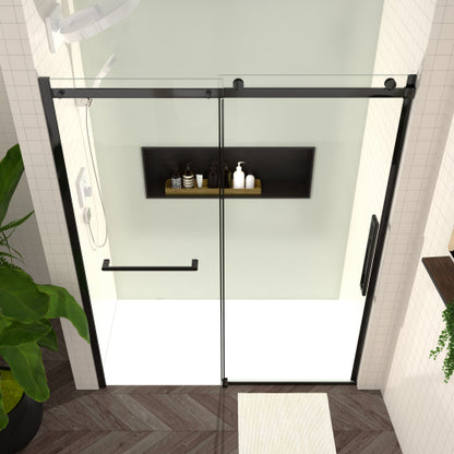 S-RM6076TB 56-60"W x 76"H Sliding Shower Door, 8mm Frameless Glass Shower Door with Matte Black Hardware, Towel Bar and Handle,Drop Shipping available