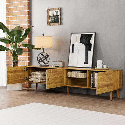 69 Inch Mid-Century Oak TV Stand 3-Door MDF Media Console Solid Pine Legs Holds TVs Up To 70 Inch