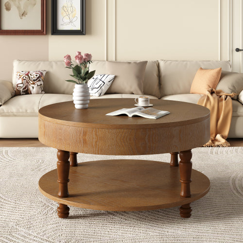 31.5inch  Round Flip-Top Coffee Table with Dual Storage, Walnut