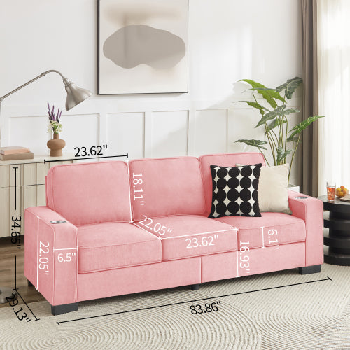 Pink 83.86-Inch Modern Compressed 3-Seater Snow-Fleece Sofa with Dual-Side Cup Holders