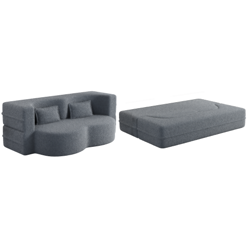 Grey Full-Size Convertible Sherpa-Fleece Floor Sofa-Bed 15 inch  Height with 2 Pillows No-Assembly Folding Mattress for Living-Room Play-Room