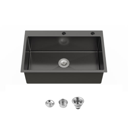 Stainless Steel Kitchen Sink, 30″x19″ Single Bowl, Overmount Handmade Sink in Black, with US Standard Drain and Hook