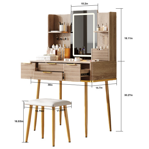4-Drawer Vanity Desk with LED Mirror & Carved Details, Fluted Makeup Table with Metal Legs and PU Stool, Carved Dressing Table with Jewelry Storage for Bedroom
