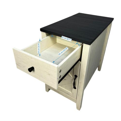 Farmhouse End Table Bedside Table with Charging Station,Night Stand with Barn Door and Drawer, Storage for Bedroom Living Room ,Bedside Table,  White+Black color