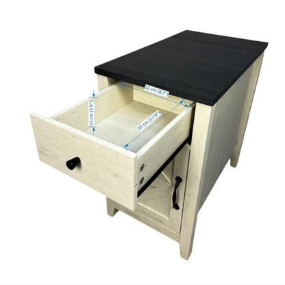 Farmhouse End Table Bedside Table with Charging Station,Night Stand with Barn Door and Drawer, Storage for Bedroom Living Room ,Bedside Table,  White+Black color