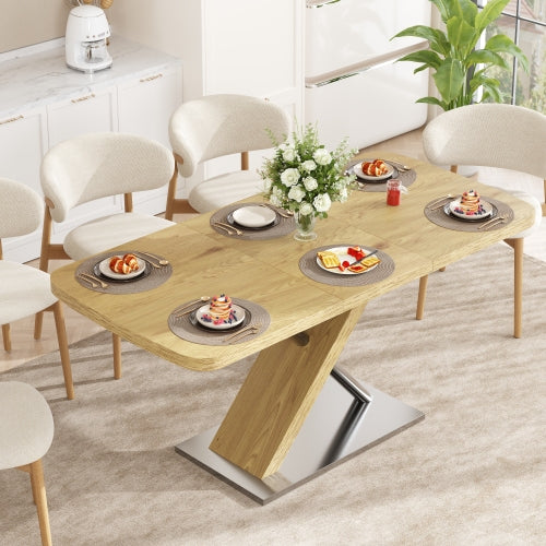 47.25inch-63inch Extendable Dining Table with Metal Base, Seats 4-6, Natural Wood