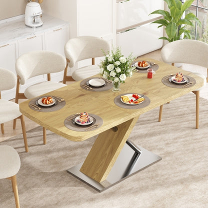 47.25inch-63inch Extendable Dining Table with Metal Base, Seats 4-6, Natural Wood