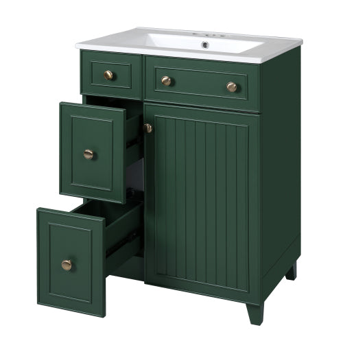 24" Forest Green Bathroom Vanity Cabinet with Ceramic Sink, 2 Drawers, 1 Soft-Close Door