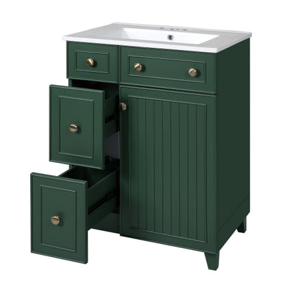24" Forest Green Bathroom Vanity Cabinet with Ceramic Sink, 2 Drawers, 1 Soft-Close Door