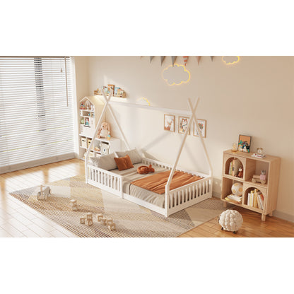Twin Size Wood House Bed with Fence, White