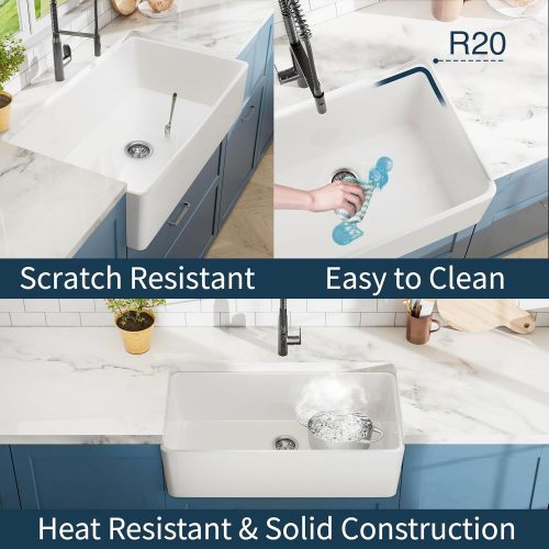33 inch White Farmhouse Sink, Fireclay Apron Front Farm Kitchen Sinks Farmhouse Ceramic Porcelain Single Bowl Deep Large Capacity Kitchen Sink with Stainless Steel Grid and Strainer
