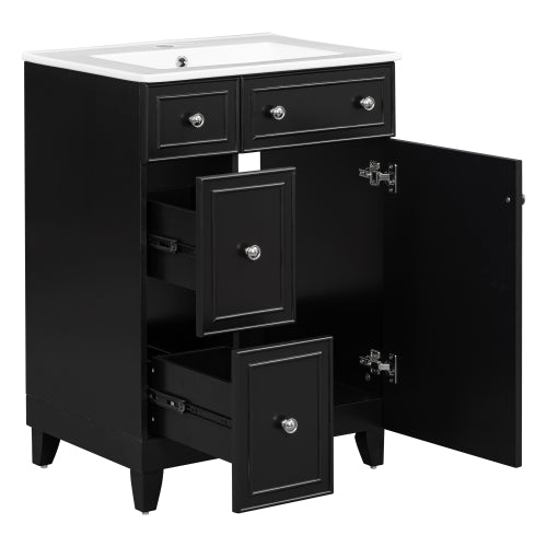 24-Inch Bathroom Vanity Cabinet with Ceramic Sink, 2 Drawers, 1 Door